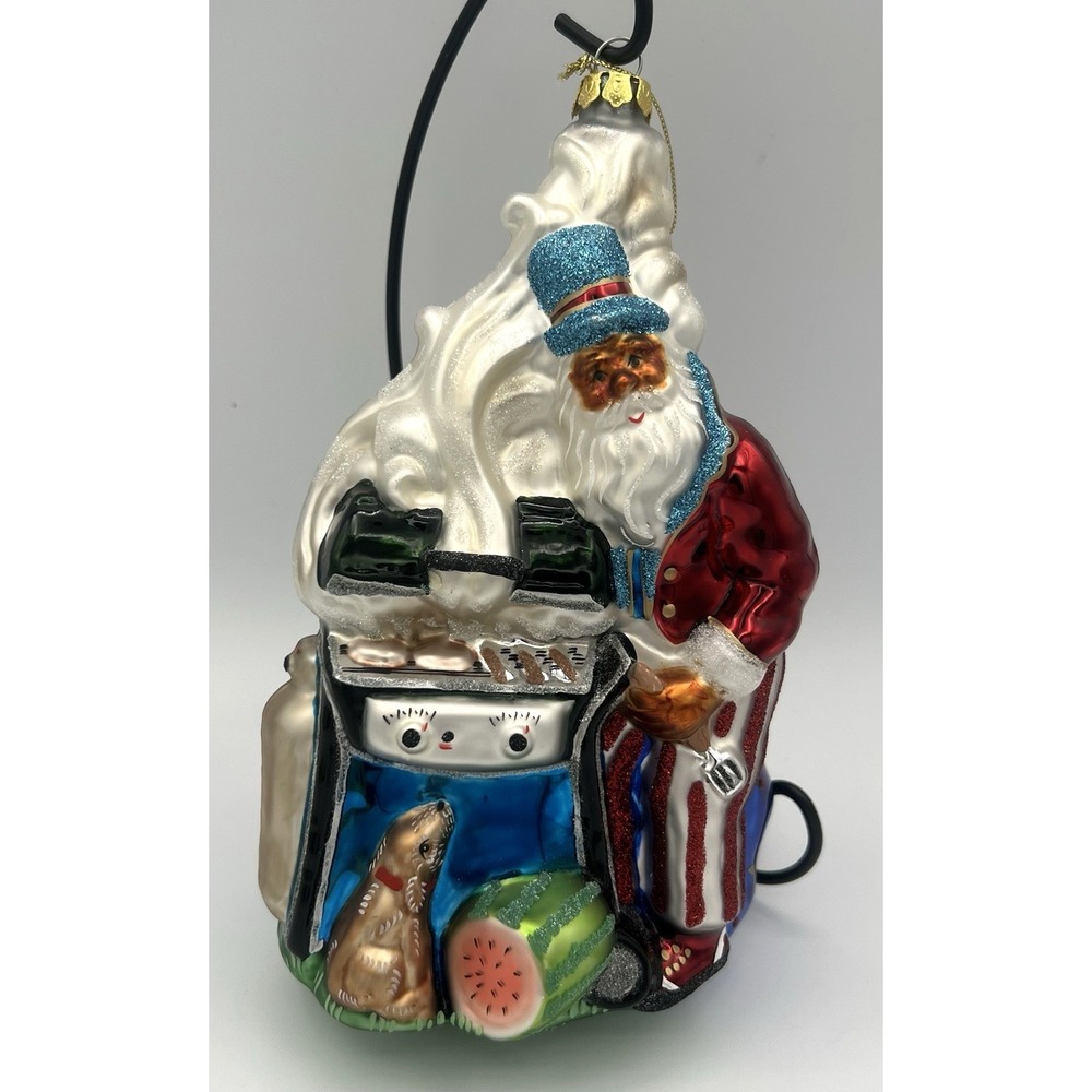 Santa Grilling Large Glass Christmas Tree Ornament 8" Tall Standing EUC